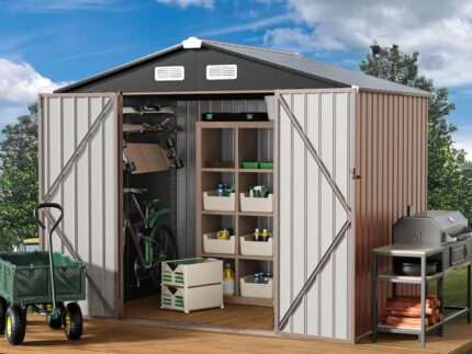 GVDV Geräteschuppen Metall 236 x 171 x 197 cm – Gerätehaus mit Belüftung & abschließbaren Türen,Wetterfester Outdoor Geräteschrank für Garten,Terrasse & Hof – Für Fahrräder,Werkzeuge & Rasenmäher