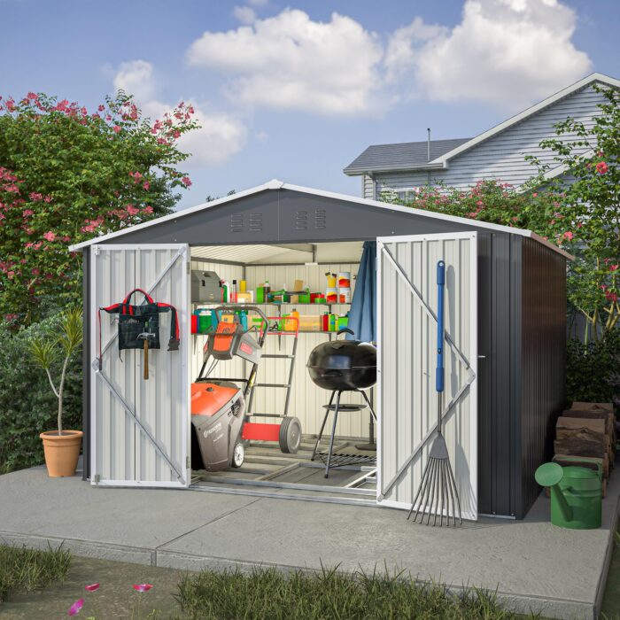 Thanaddo 8×6ft Gerätehaus Metall Groß Geräteschuppen 240x192x191 cm mit Fundamentrahmen, Wetterfest Gartenhaus mit Satteldach & Abschließbarer Tür, Gartenschuppen für Outdoor Garten Hinterhof, Grau