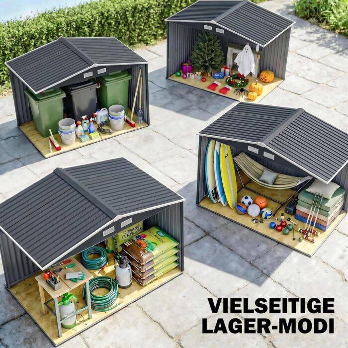 Outsunny Gerätehaus 4,9 m², Gartenhaus mit Satteldach, Schiebetür, Fundament, 277 x 195 x 192 cm, Geräteschuppen aus Verzinkter Stahl, wetterfest, für Garten, Dunkelgrau