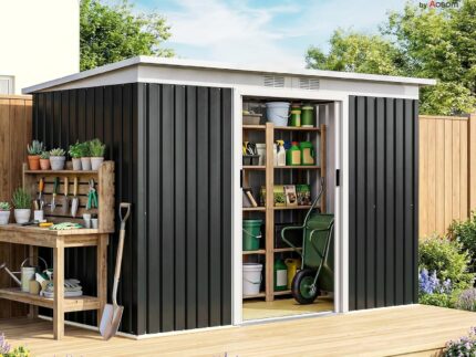 Outsunny Metall Gerätehaus 6,3m³ 280x130x172cm Geräteschuppen mit Pultdach Schiebetür wetterfest Gartenhaus Outdoor Garten Schuppen Schrank für Hinterhof Außenbereich Anthrazit, Dunkelgrau
