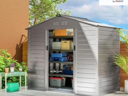 Outsunny Verzinkter Stahl Gerätehaus 2,43㎡ 213x131x192cm Einfach Montage Geräteschuppen mit Satteldach, Abschließbarer Schiebetür, wetterfest Gartenhaus, Outdoor Garten Schuppen für Außenbereich, Grau