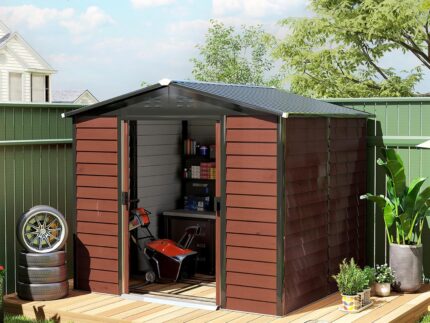 Outsunny Gerätehaus 4,4 m², Gartenhaus mit Pultdach, Schiebetür, Fundament, Einfach Montage 240 x 206 x 198 cm, Geräteschuppen aus Verzinkter Stahl, wetterfest, für Garten, Teak