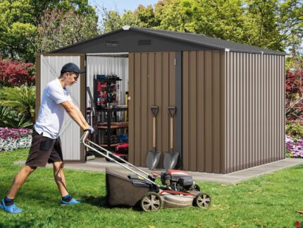 DWVO Großes Metall Gerätehaus 3x2,4 m, Stabiler Werkzeugschuppen für Garten, Terrasse & Hof, Ideal für Fahrräder, Gartengeräte & Rasenmäher, Wetterfest & Abschließbar, Braun